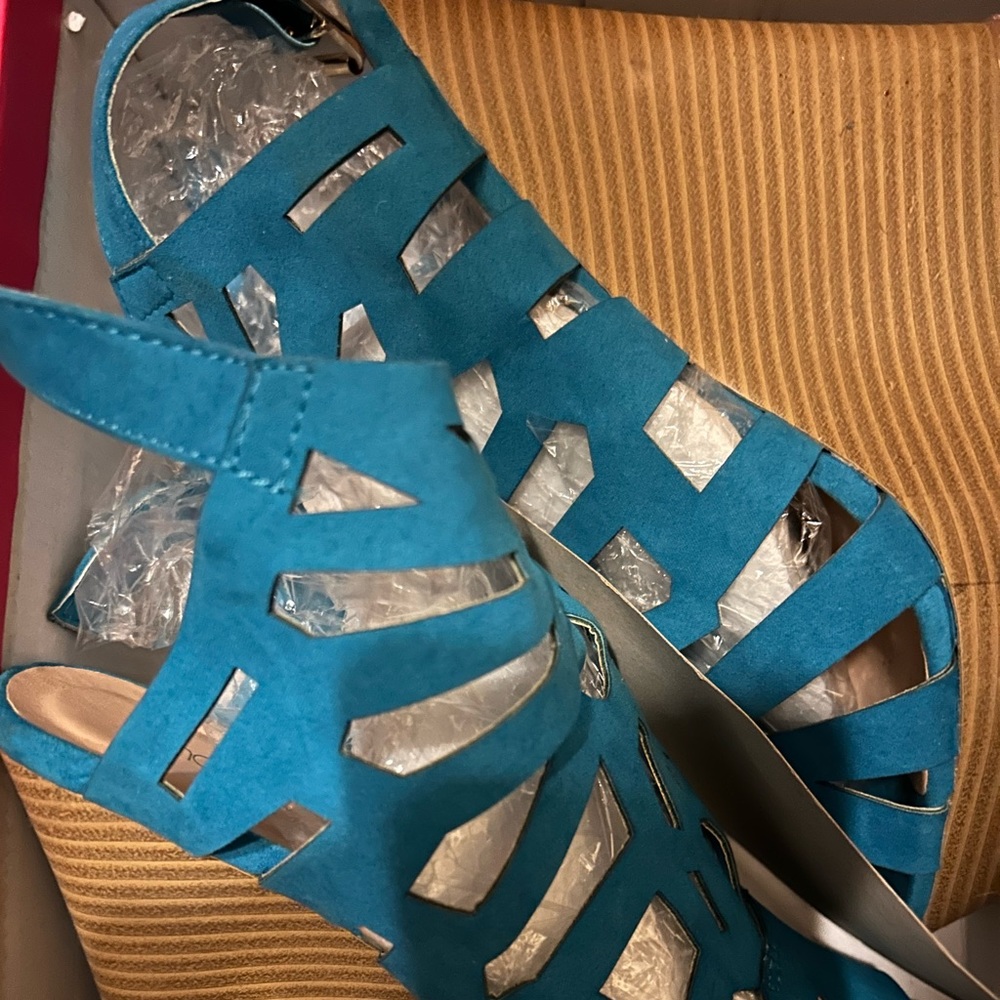 Teal blue wedge sandals